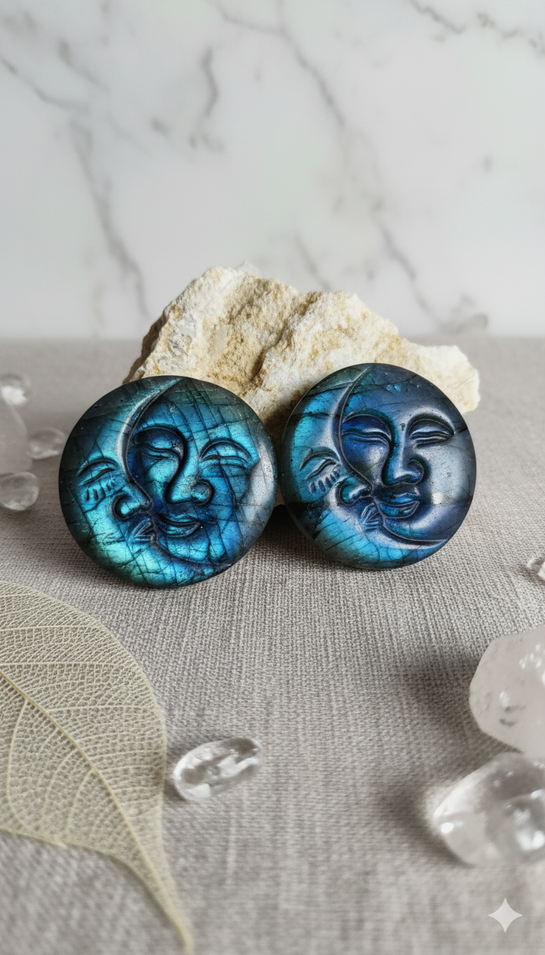 Blue and black face-shaped earrings on a textured surface with rocks and crystals.