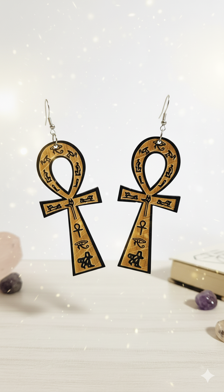 Ankh earrings on a white background with decorative elements.