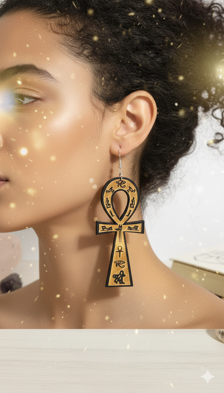 Earring with an ankh design worn by a person, with a soft focus background