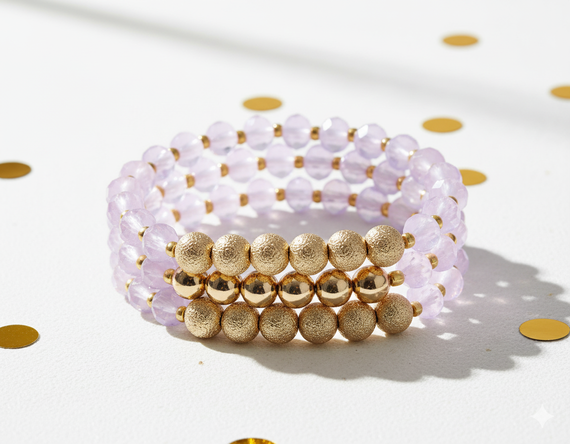 Stack of purple and gold beaded bracelets on a white background with gold polka dots.