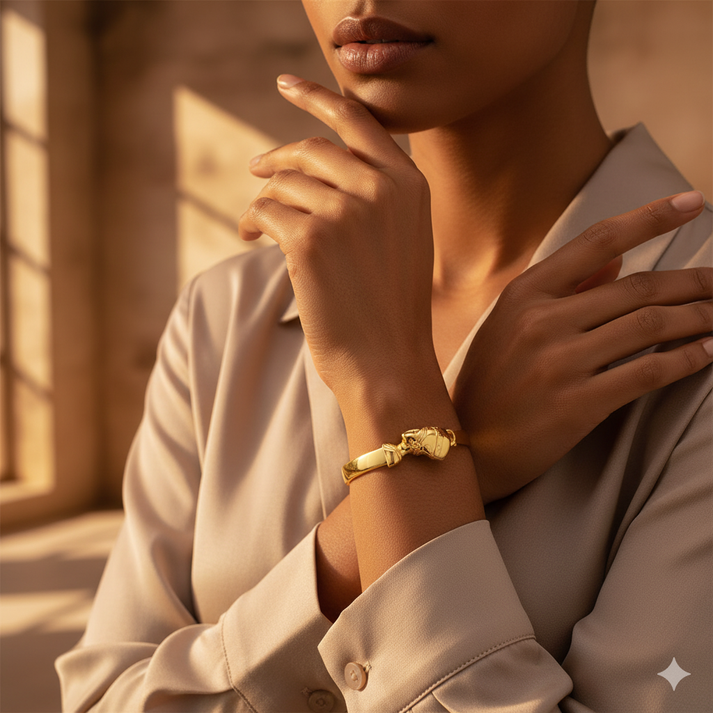 Woman wearing a gold bracelet in a warm, softly lit setting