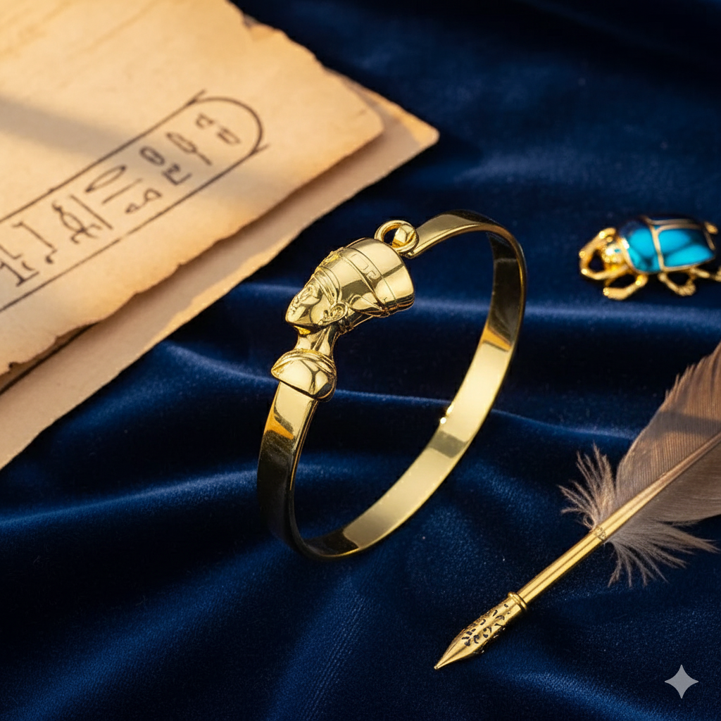 Gold bracelet with a beetle charm on a blue fabric background