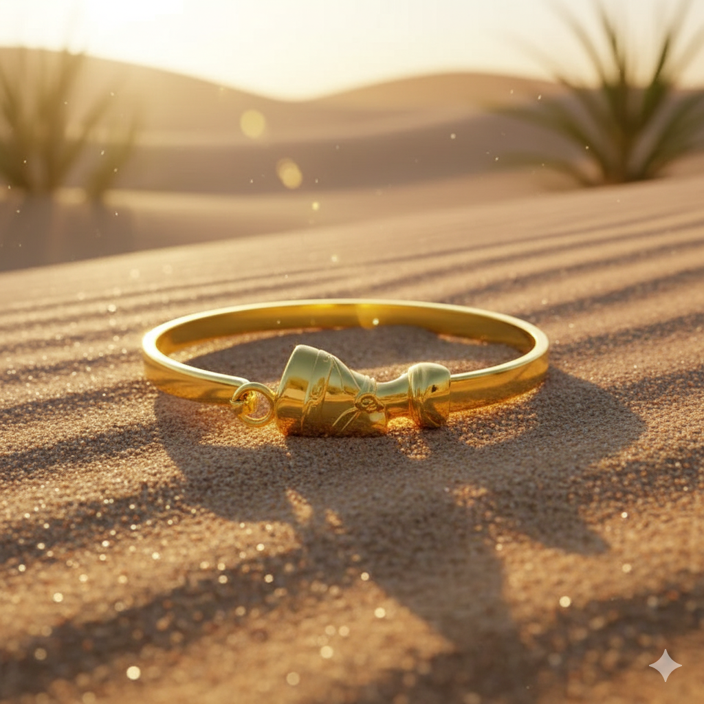 Gold bracelet on a sand dune with a desert landscape in the background