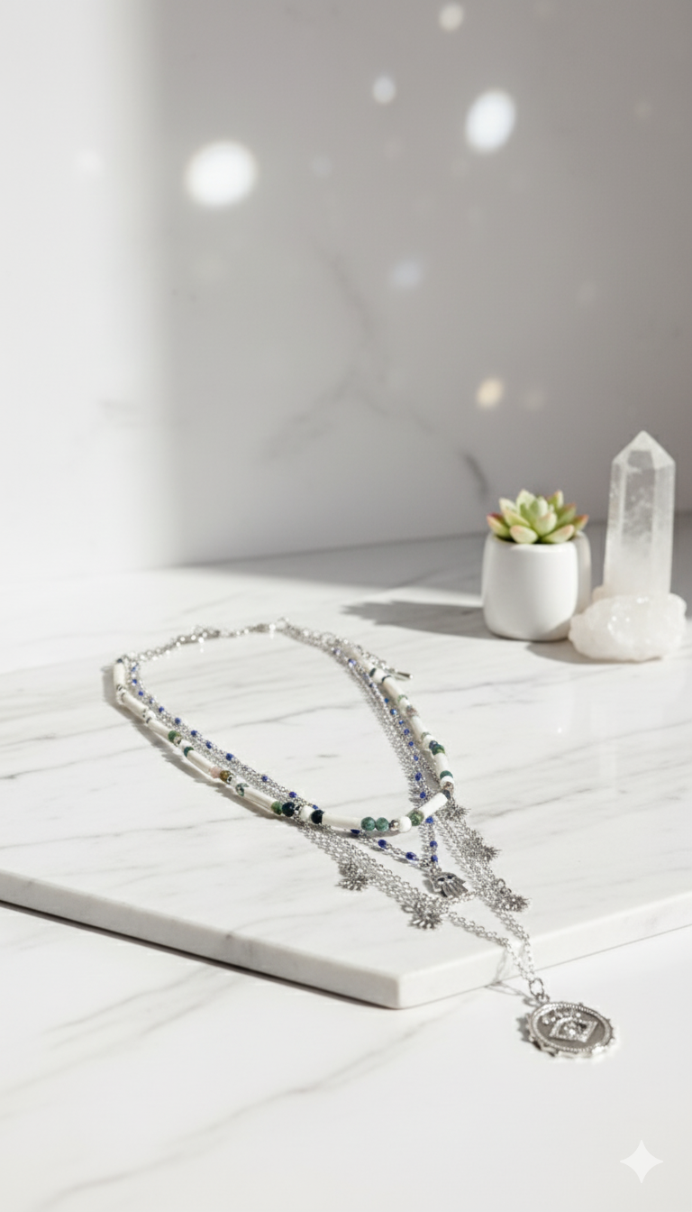 Necklace with decorative elements on a white surface with a light gray background