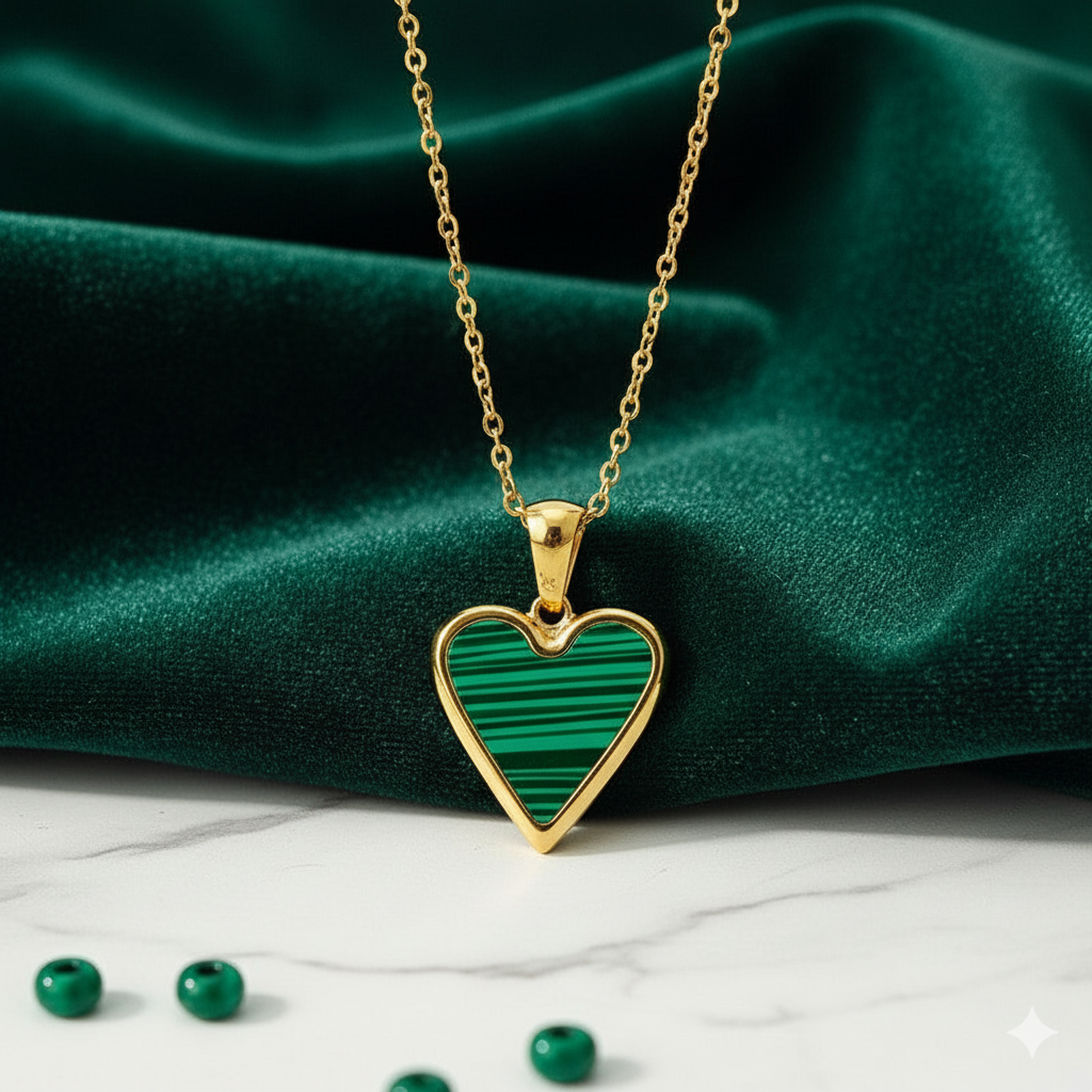 Gold necklace with a green heart-shaped pendant on a green fabric background