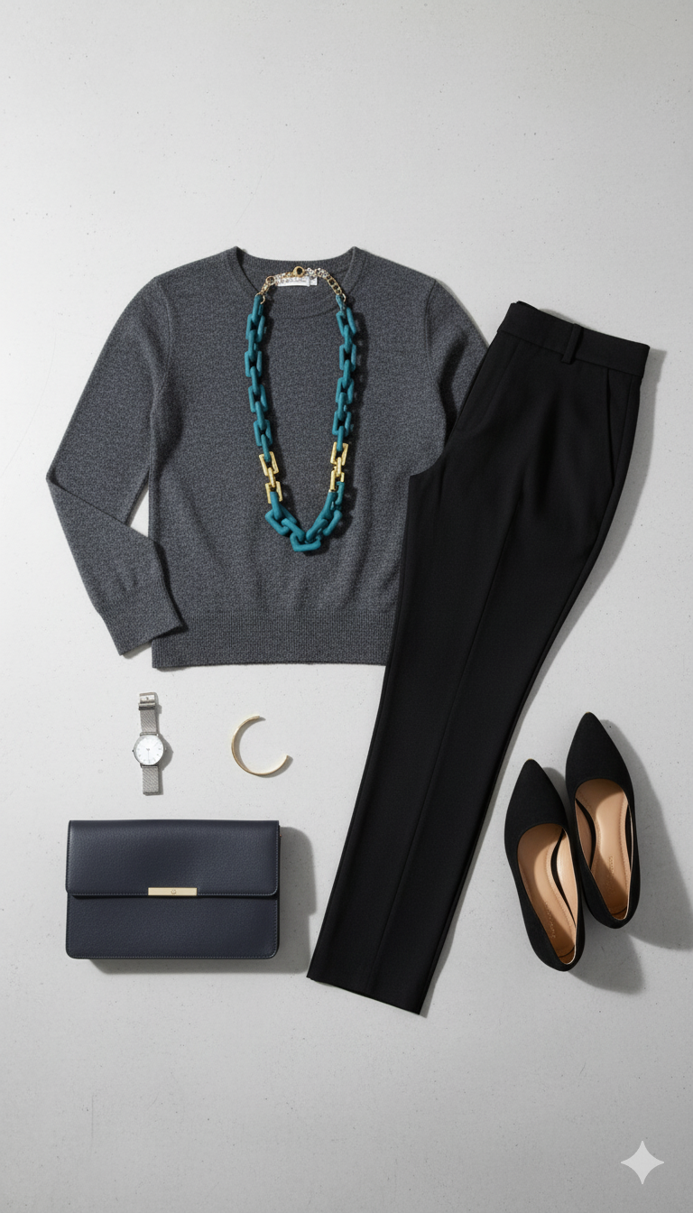 Gray sweater, black pants, black flats, blue handbag, and jewelry on a light gray background