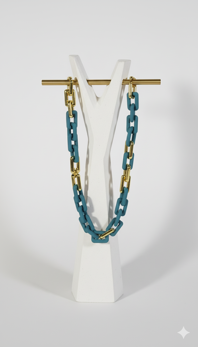 Teal and gold chain necklace on a white stand with a white background