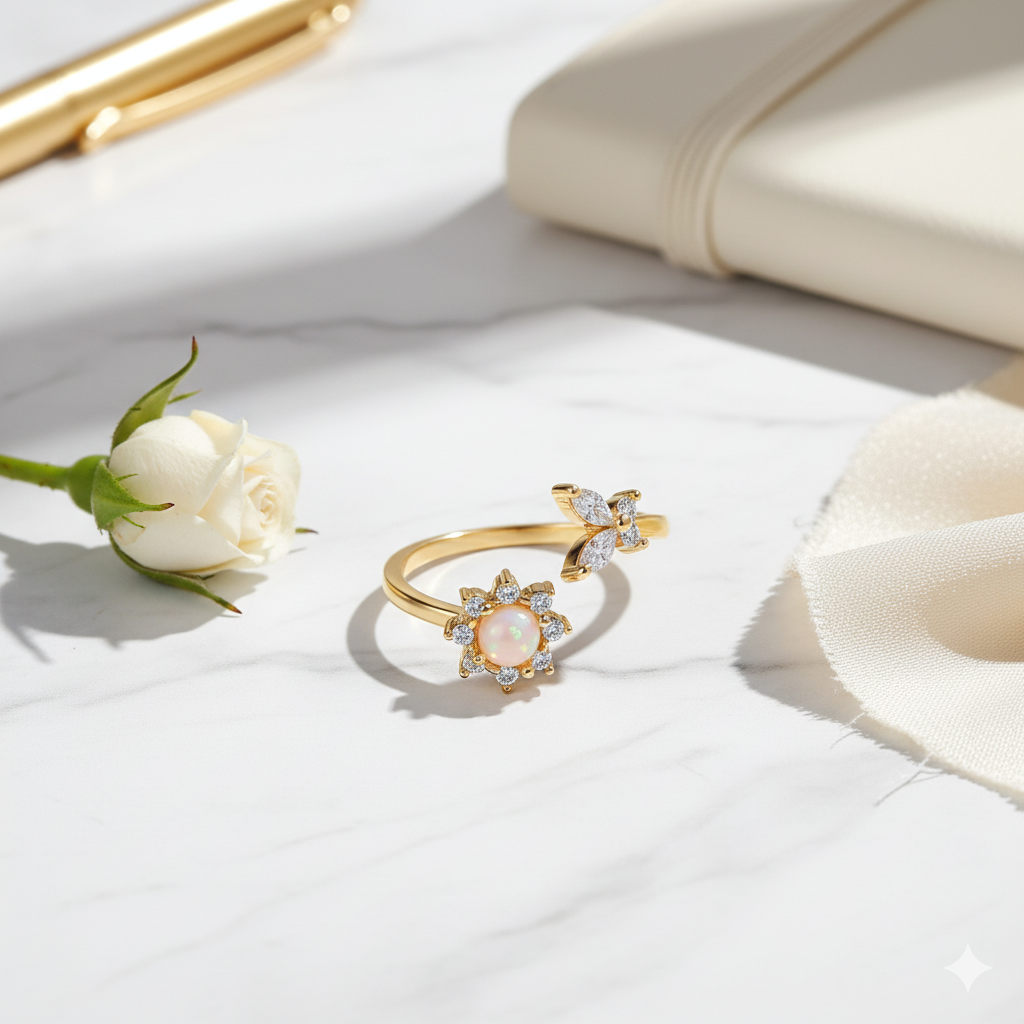 Gold ring with gemstones on a white surface with a white rose and beige fabric.