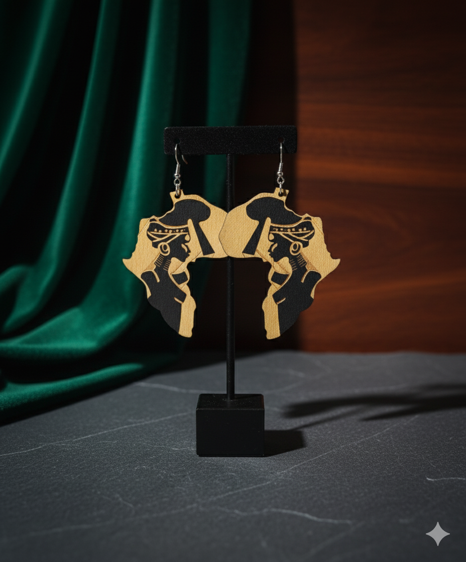 Gold and black earrings on a stand with a green and brown background