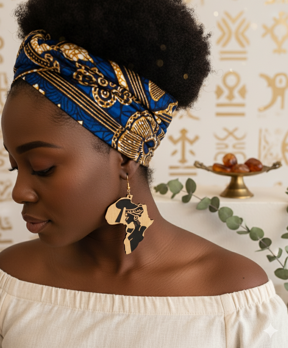 Woman wearing a blue and gold headscarf with intricate patterns, set against a decorative background.
