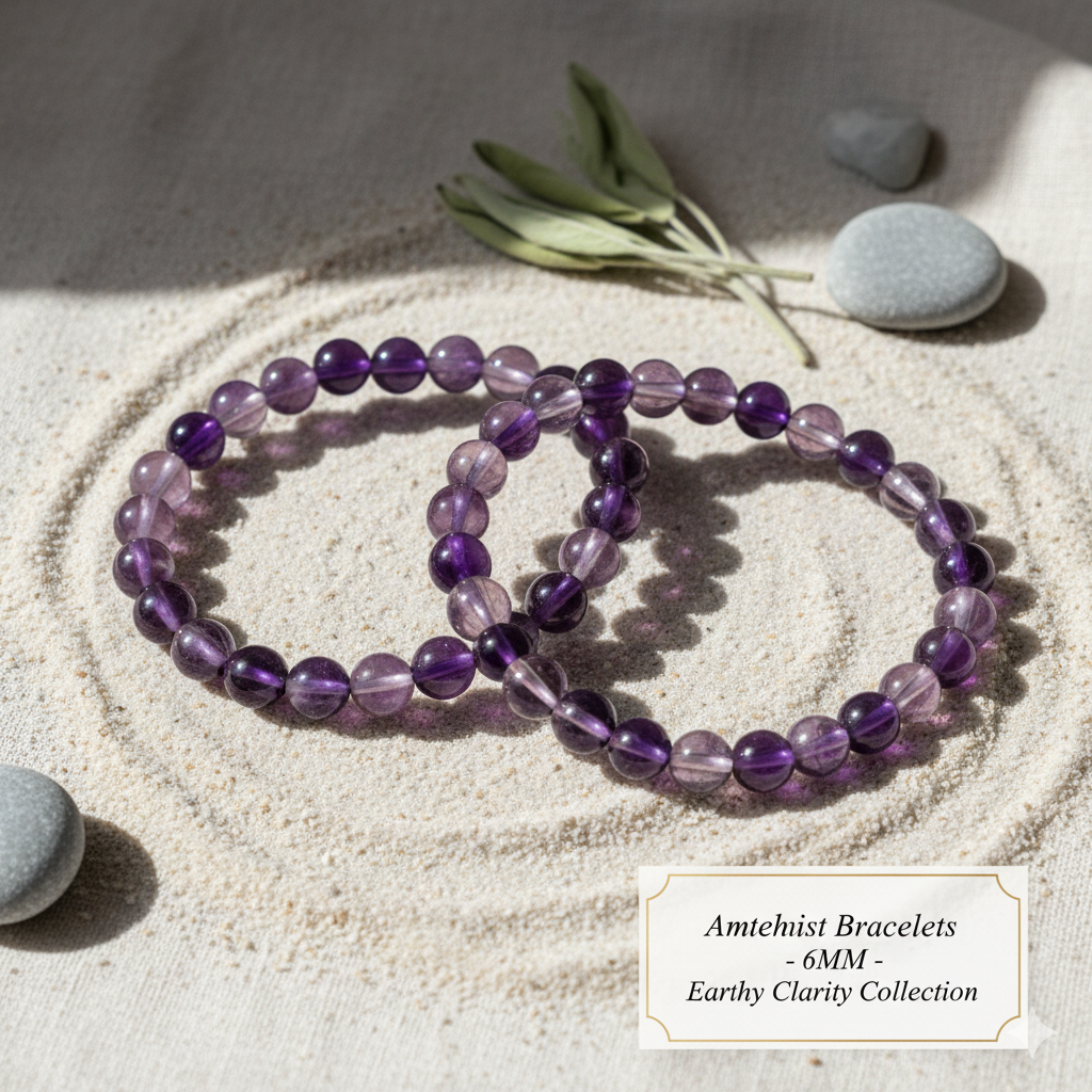 Amethyst bracelets on a sandy surface with stones and leaves