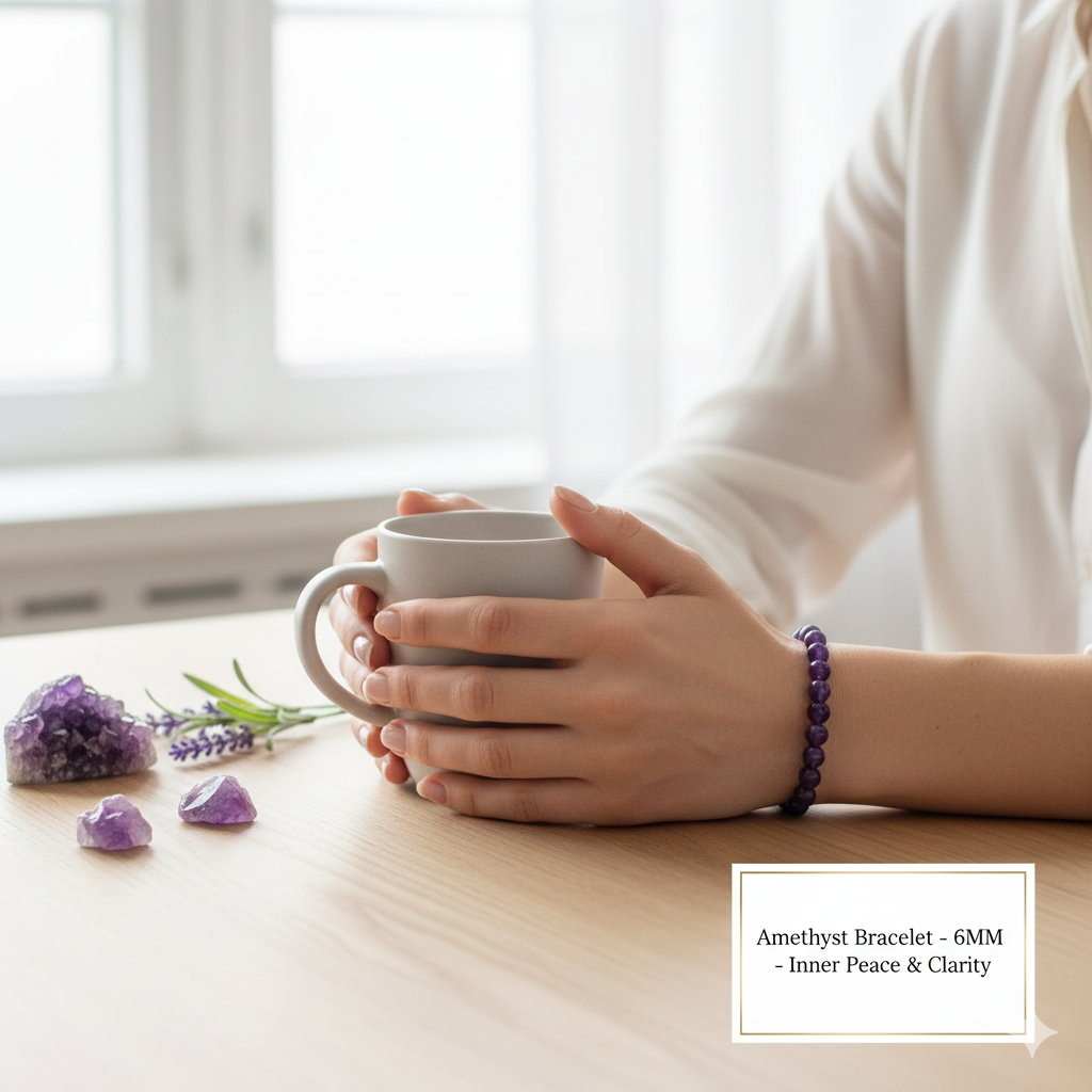 Person holding a mug with a purple amethyst bracelet, placed on a wooden surface with lavender flowers.