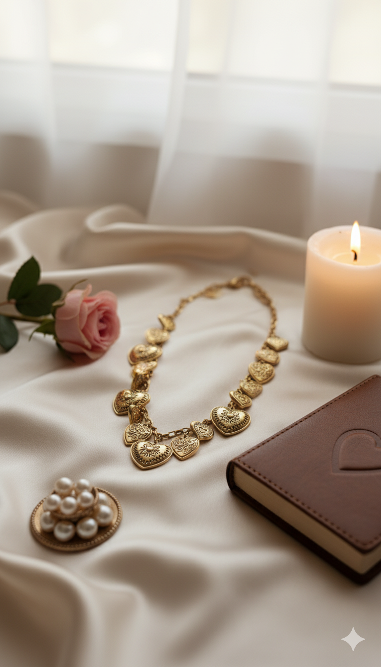 Gold necklace and earrings on a white surface with a pink rose and lit candle in the background.