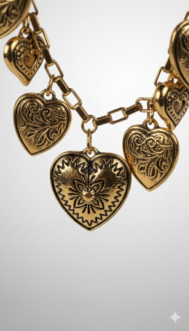 Gold heart-shaped charm bracelet on a light gray background