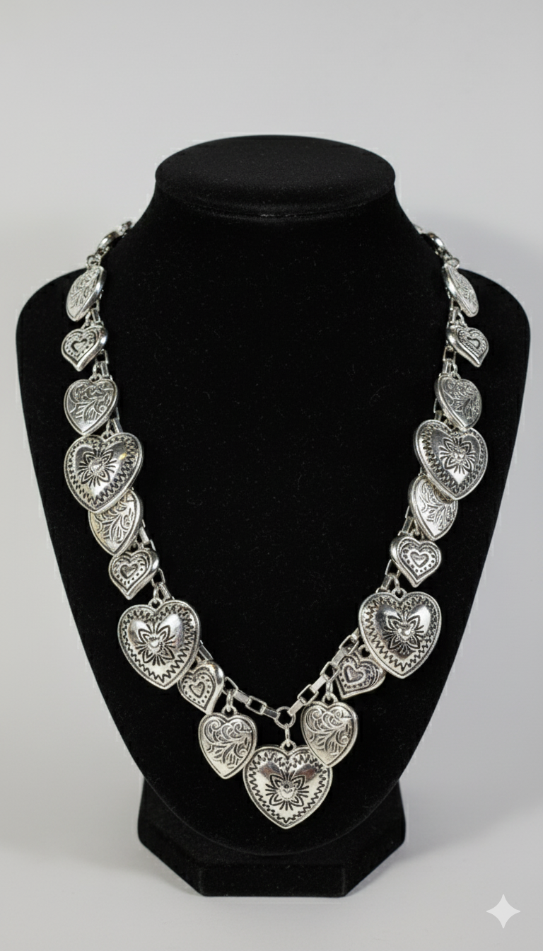 Silver heart-shaped necklace on a black stand against a white background