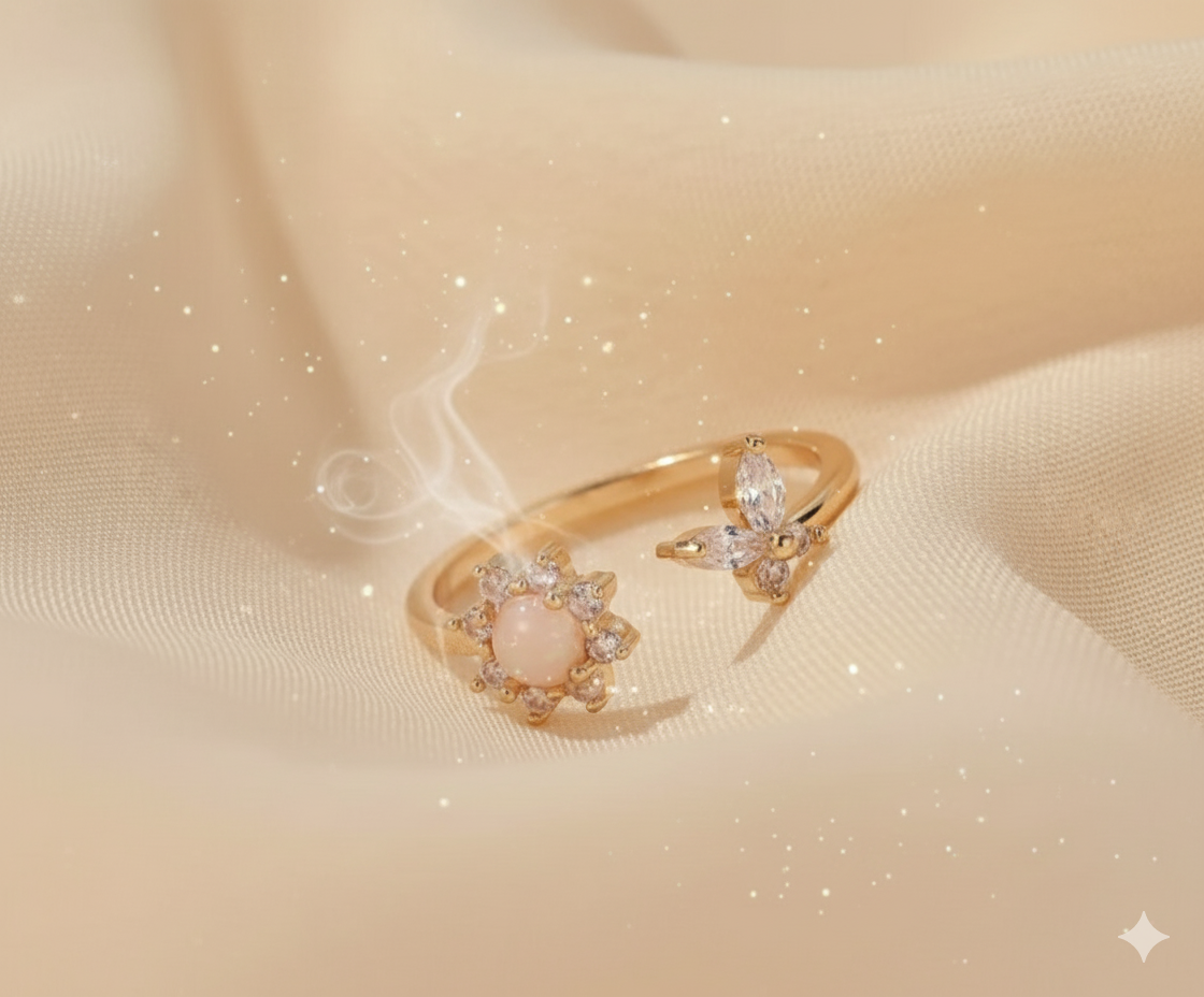 Gold ring with pink gemstone and diamonds on a beige fabric background