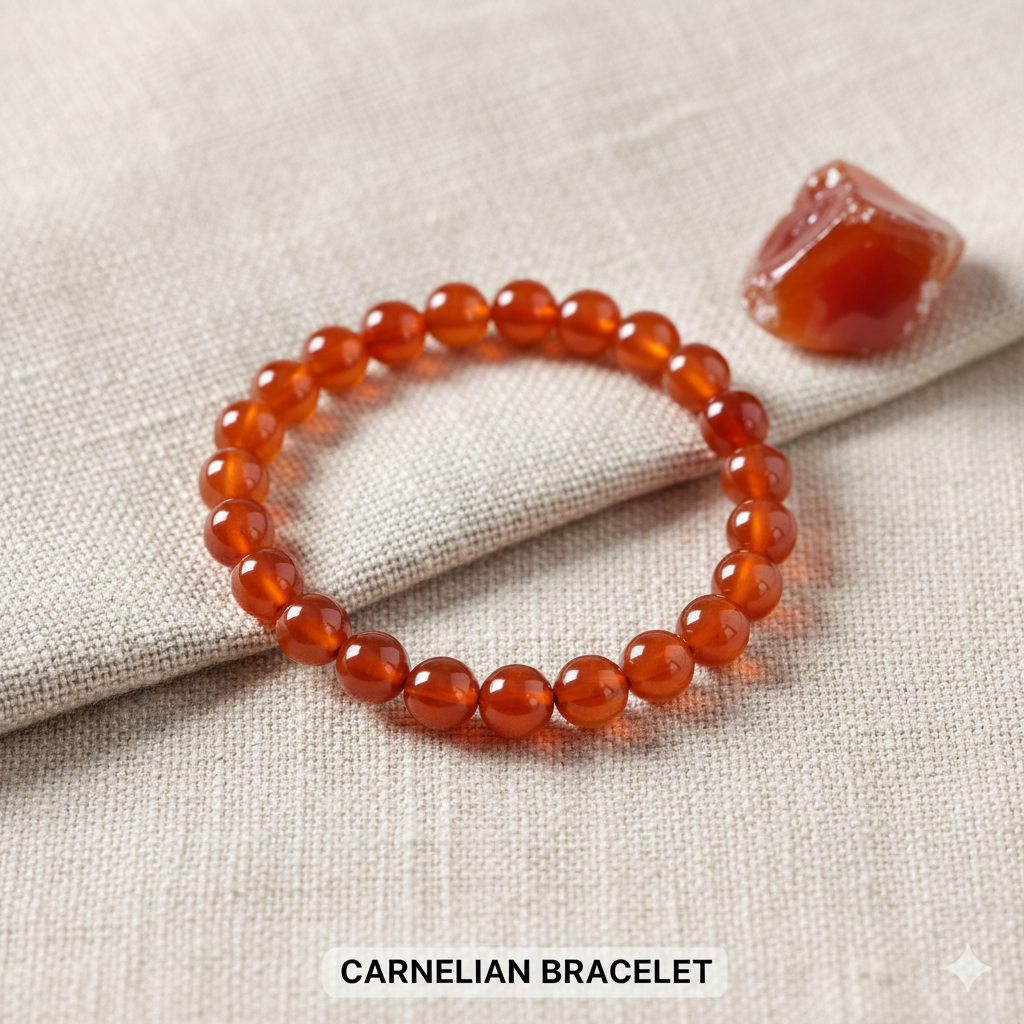 Carnelian bracelet on a textured beige surface with a carnelian stone.