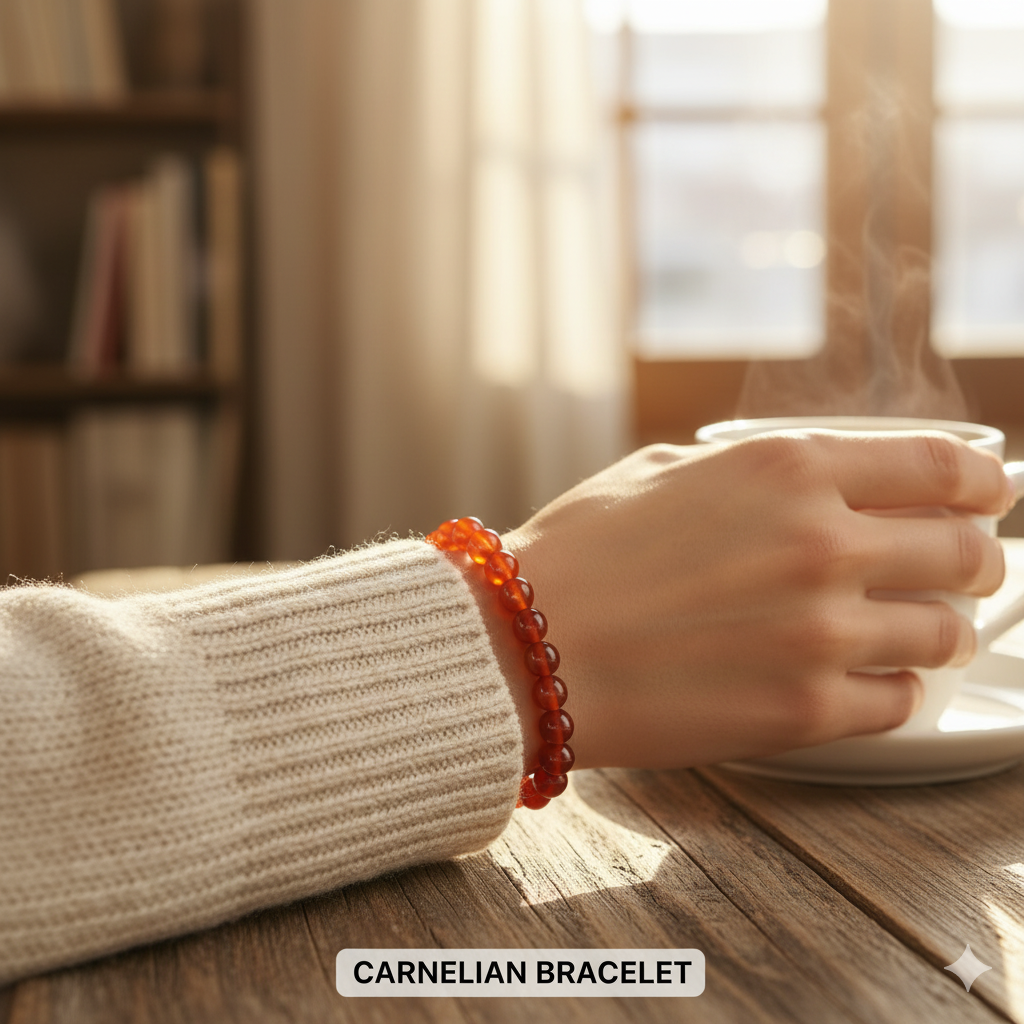 Person wearing a carnelian bracelet holding a steaming cup of coffee on a wooden table.