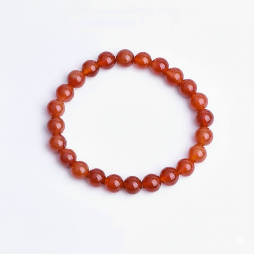 Red beaded bracelet on a white background