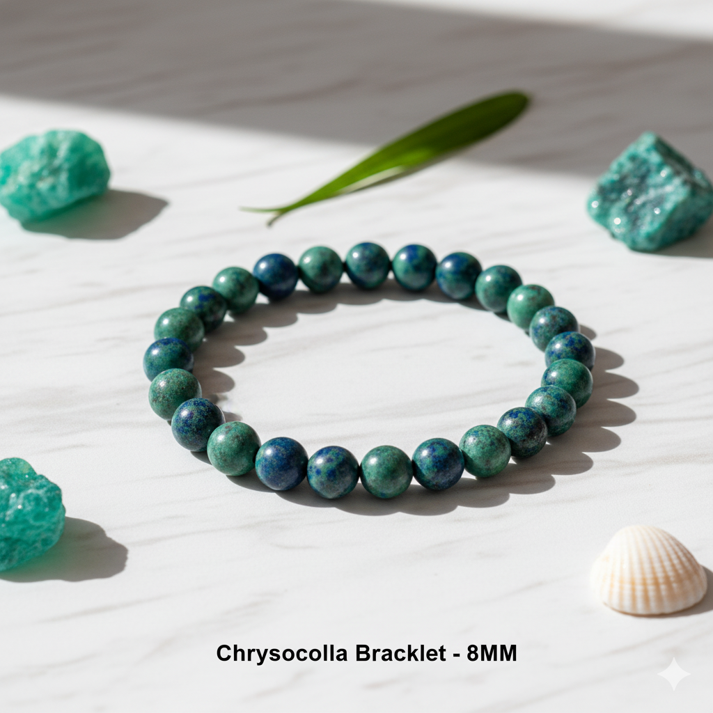 Chrysocolla bracelet on a white surface with natural elements