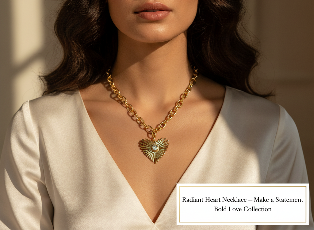 Woman wearing a gold chain necklace with a heart pendant, labeled 'Radiant Heart Necklace' from the Bold Love Collection.