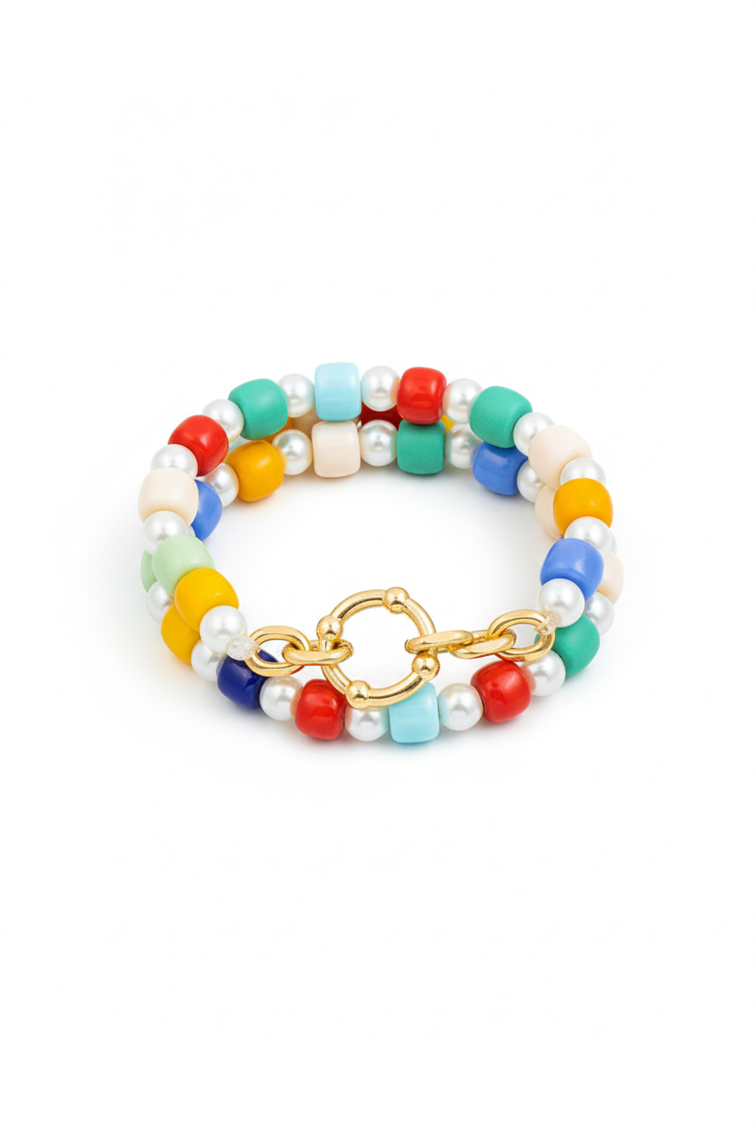 Multicolored beaded bracelet with a gold clasp on a white background