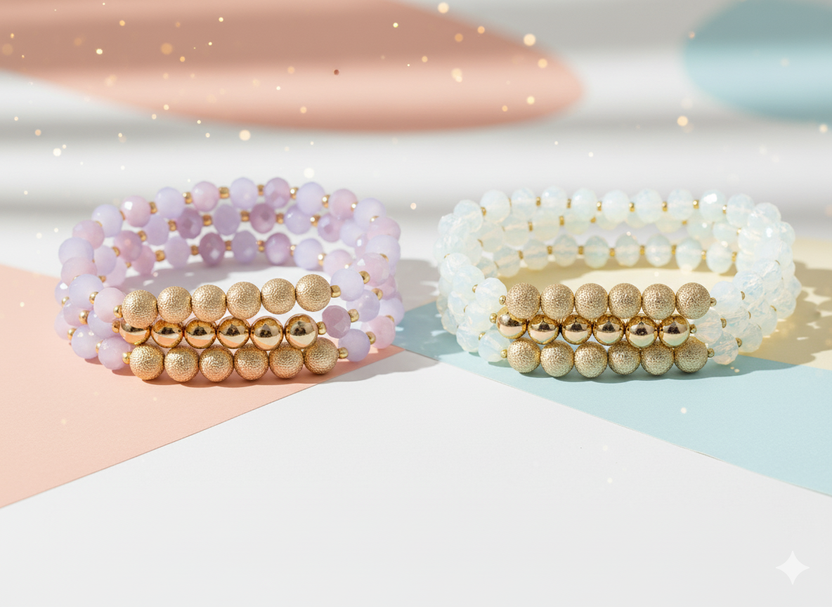 Three beaded bracelets in pink, white, and gold on a pastel background