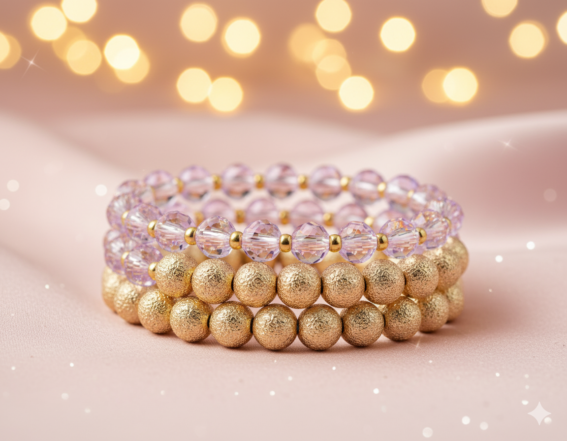 Set of three beaded bracelets on a soft pink background with blurred lights