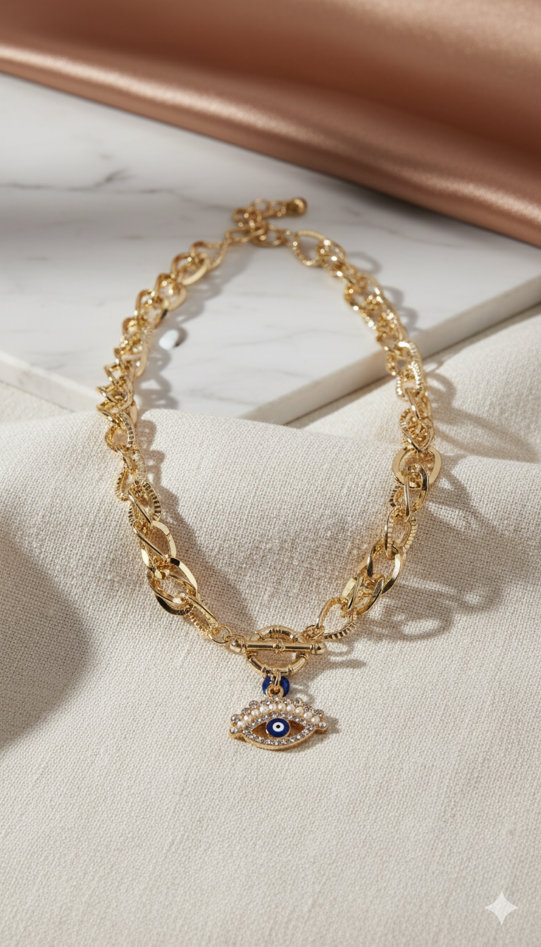 Gold chain bracelet with an eye charm on a beige fabric background