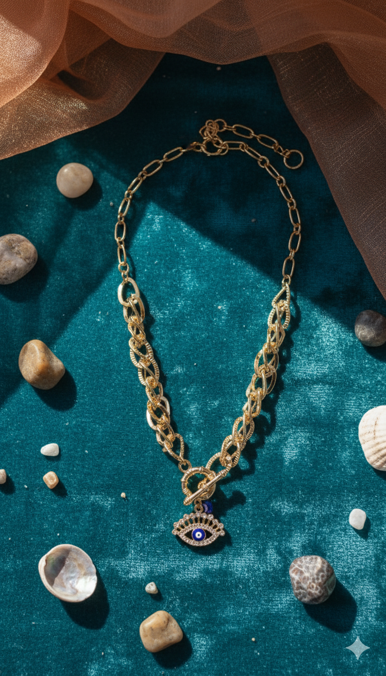 Gold chain necklace with an eye pendant on a textured teal surface with stones.