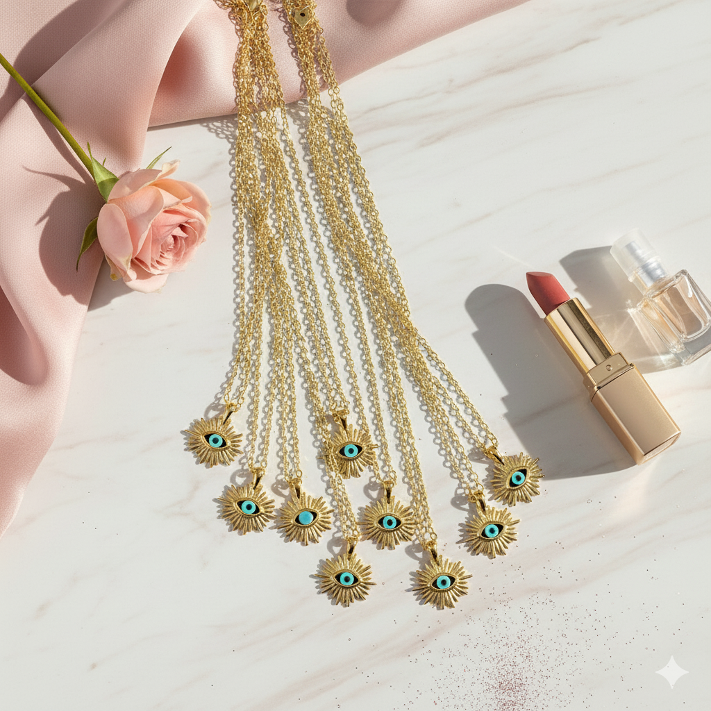 Gold necklaces with sunflower pendants on a light surface with a pink rose and lipstick.