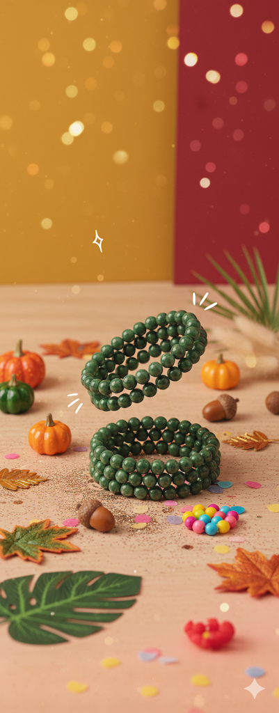 Green beaded bracelets on a festive background with pumpkins and autumn leaves.