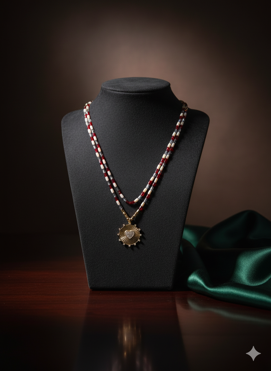 Necklace with a pendant on a black mannequin bust against a dark background