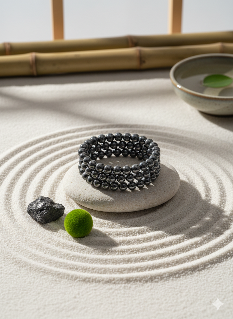 Decorative arrangement with pebbles, a green ball, and a bracelet on sand with bamboo in the background.
