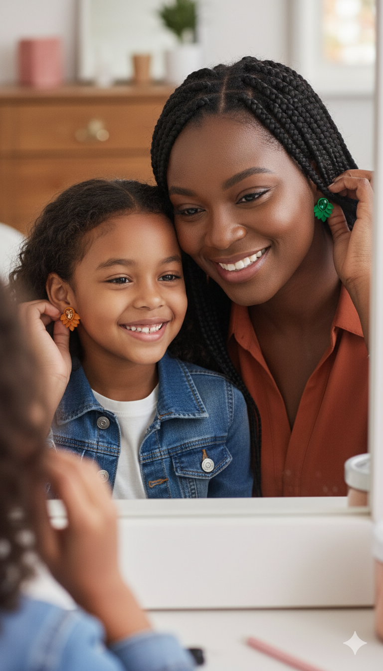 Woman and young girl smiling at a mirror, with the woman adjusting earrings.