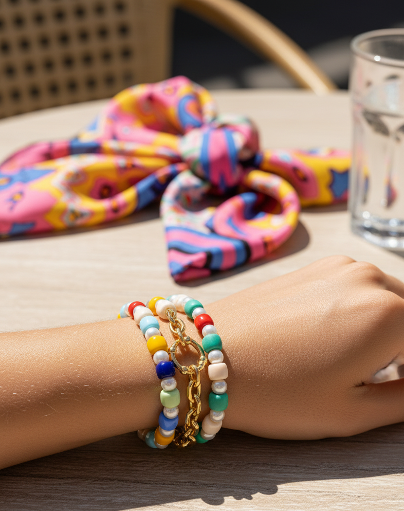 Colorful scrunchies on a chair with a hand wearing multiple bracelets on a table.