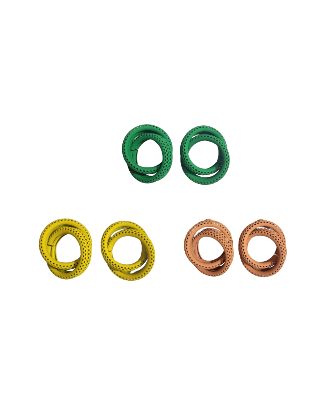 A set of spiral earrings presented in three colors: green, yellow, and rose gold. Each earring features a spiral design.