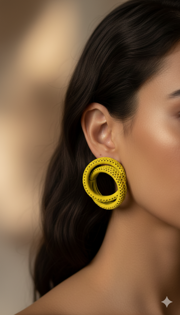A set of spiral earrings presented in three colors: green, yellow, and rose gold. Each earring features a spiral design.