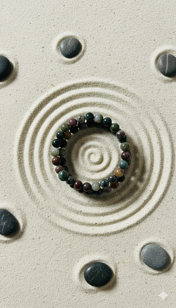 Close-up of a beaded bracelet on sand with circular patterns