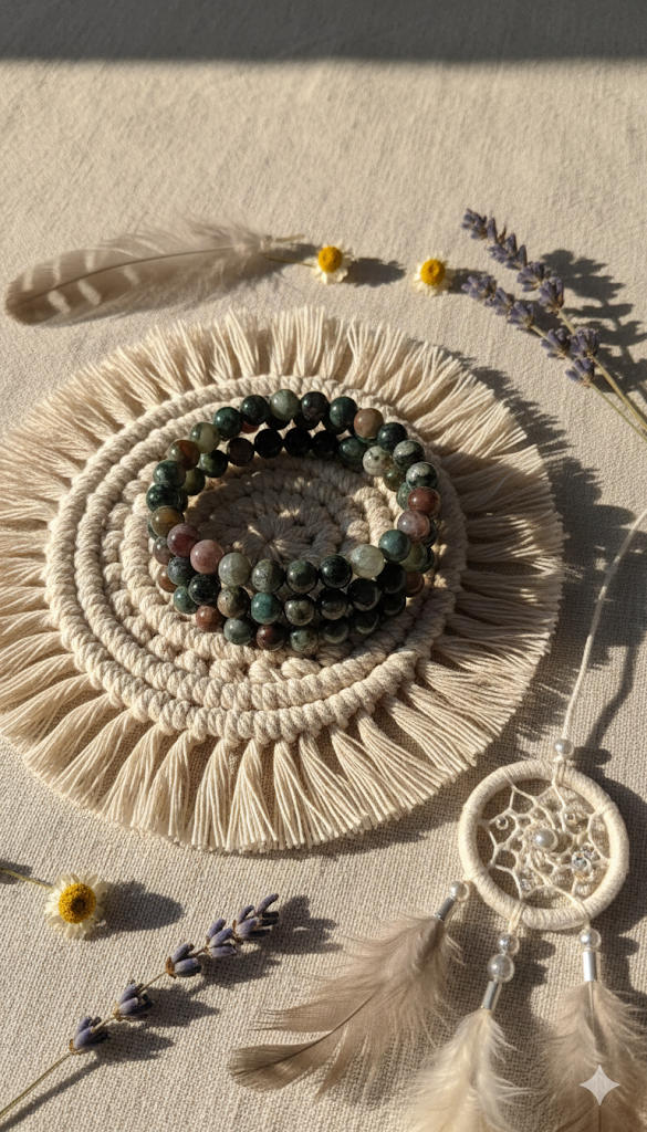 Beaded bracelet on a macramé circular mat with feathers and flowers on a neutral background