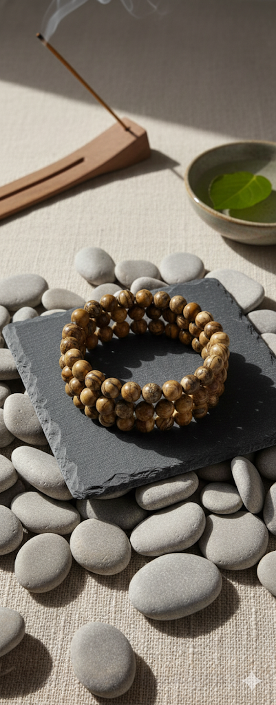 Wooden bracelet on a slate stone with pebbles and a bowl in the background