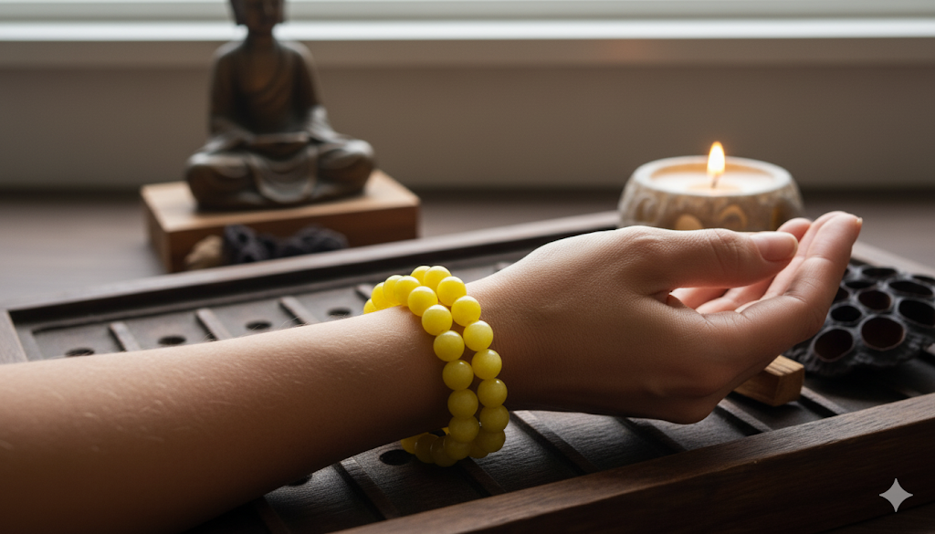 A yellow jasper stone bracelet with a series of round beads connected by a flexible cord.